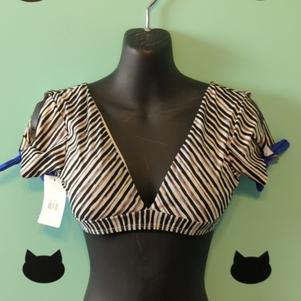 Saha Stripped Bikini Top Deep V Cap Sleeves Blue Bows Small New